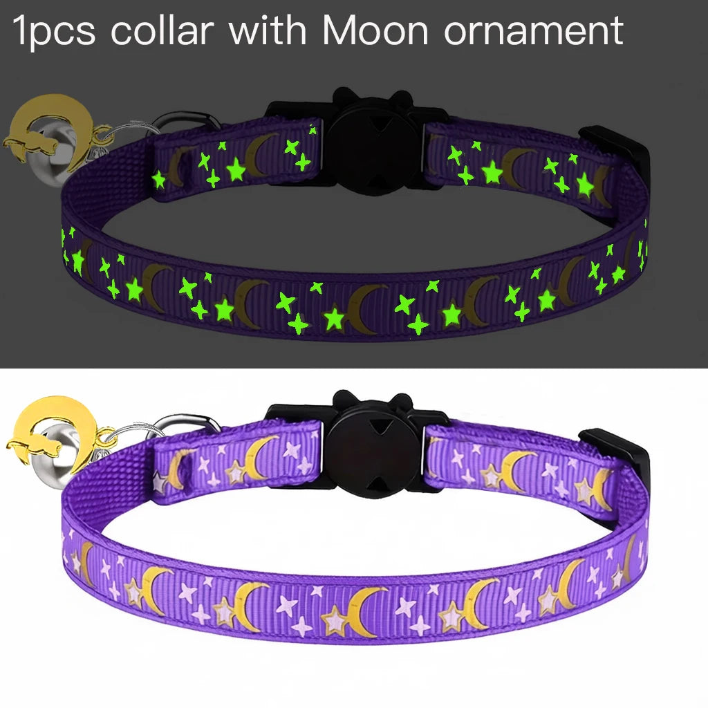 Pet Collar Cat Dog Gold Color Stars and Moon Pet Collar with Bell and PP Material Separate Luminescence Safety Buckle Solid Safe