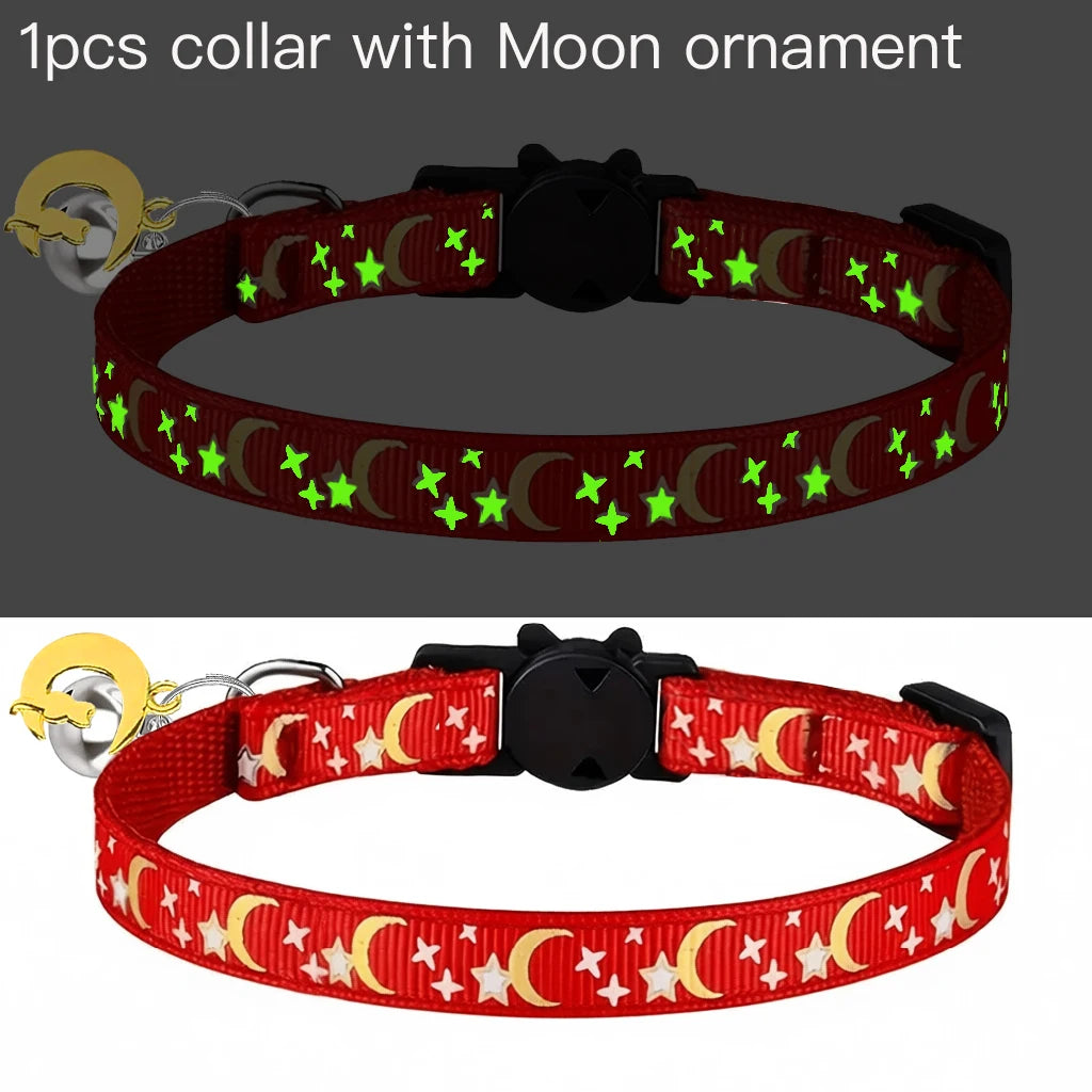 Pet Collar Cat Dog Gold Color Stars and Moon Pet Collar with Bell and PP Material Separate Luminescence Safety Buckle Solid Safe