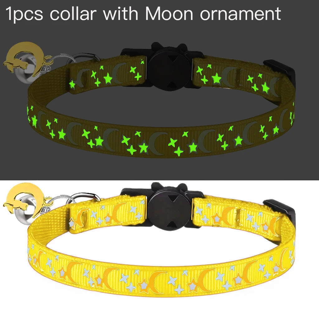 Pet Collar Cat Dog Gold Color Stars and Moon Pet Collar with Bell and PP Material Separate Luminescence Safety Buckle Solid Safe