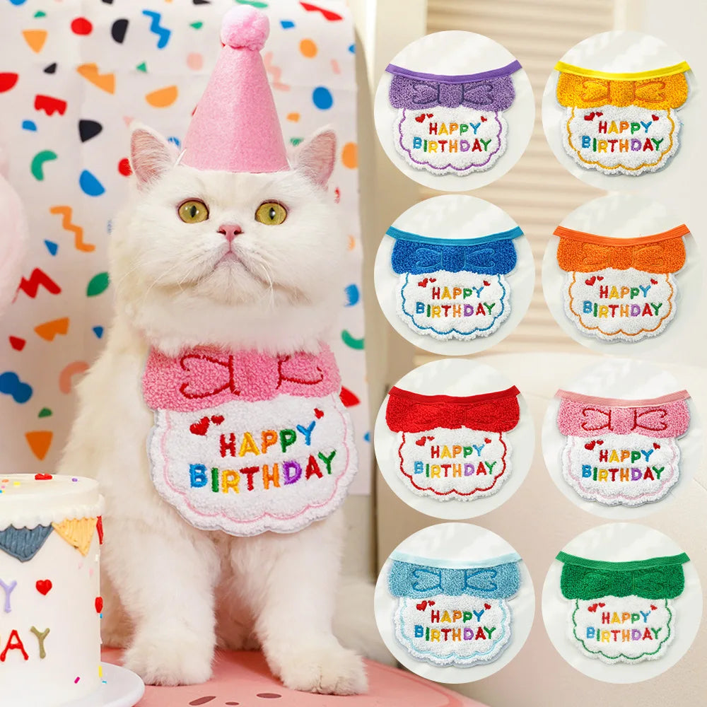 2025 Pet Birthday Hat Scarf Set Adjustable, Cat/Dog Birthday Supplies Mini Pet Saliva Towel Cat/Dog Supplies