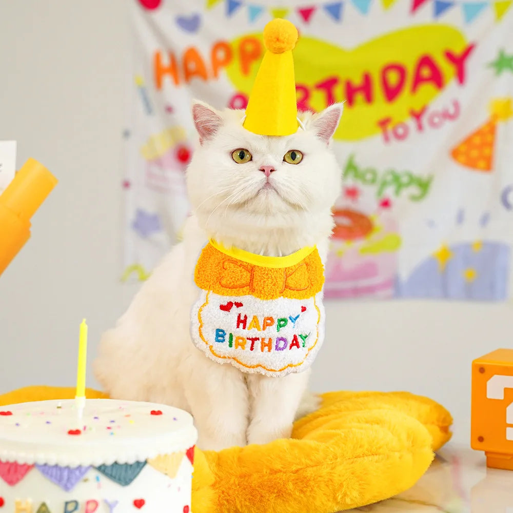 2025 Pet Birthday Hat Scarf Set Adjustable, Cat/Dog Birthday Supplies Mini Pet Saliva Towel Cat/Dog Supplies