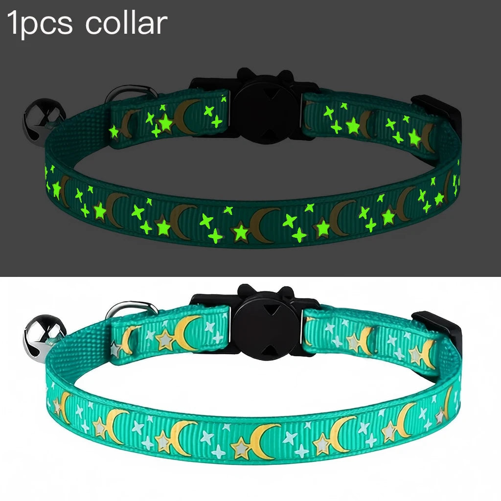 Pet Collar Cat Dog Gold Color Stars and Moon Pet Collar with Bell and PP Material Separate Luminescence Safety Buckle Solid Safe