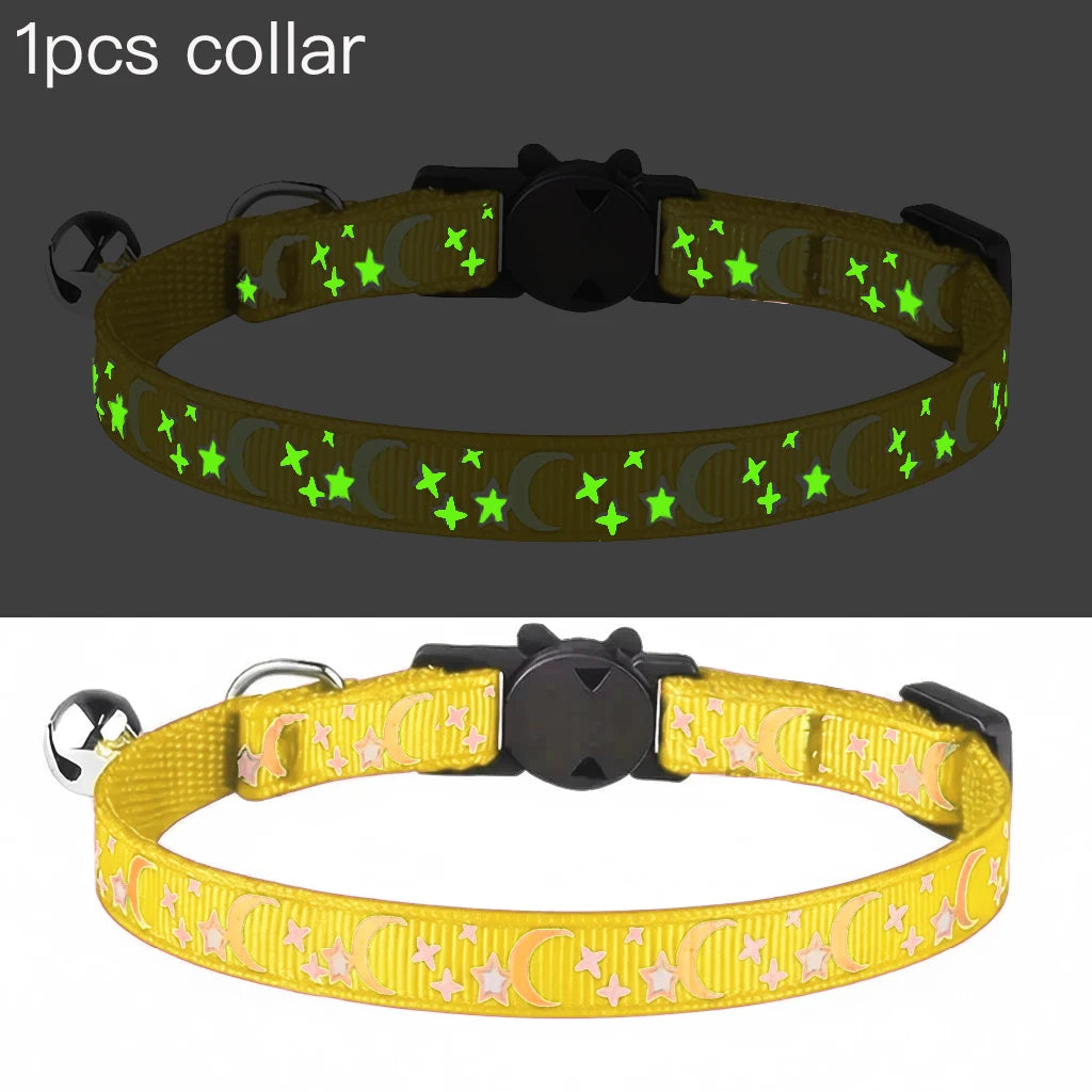 Pet Collar Cat Dog Gold Color Stars and Moon Pet Collar with Bell and PP Material Separate Luminescence Safety Buckle Solid Safe