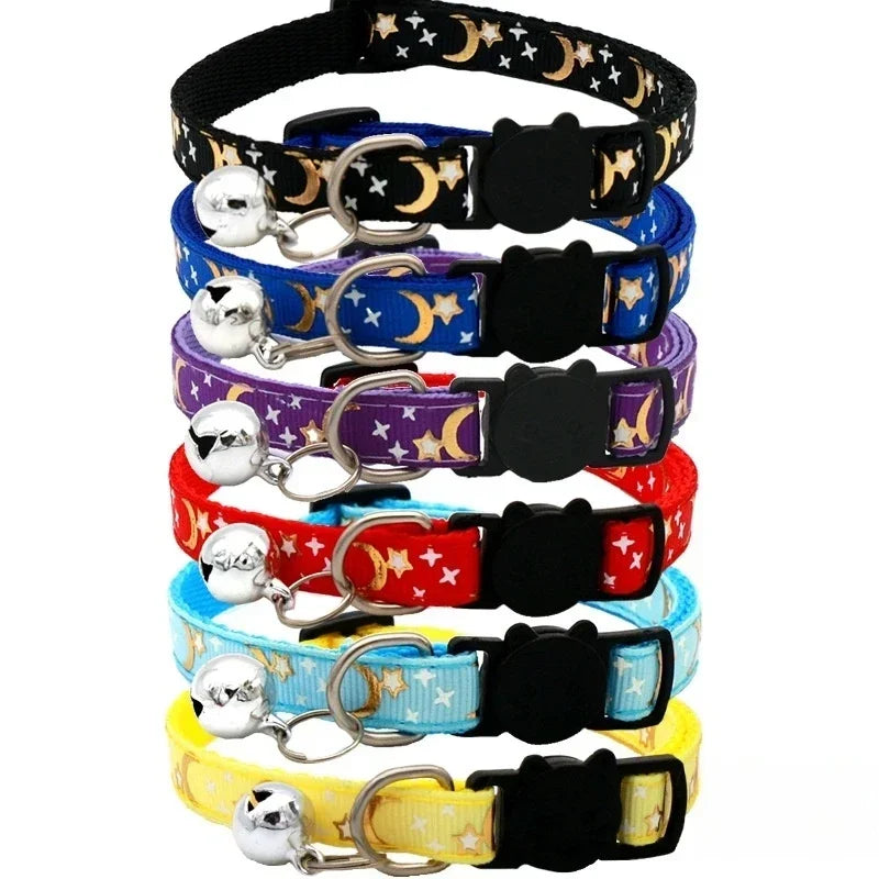 Pet Collar Cat Dog Gold Color Stars and Moon Pet Collar with Bell and PP Material Separate Luminescence Safety Buckle Solid Safe