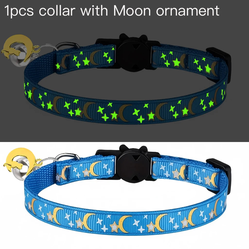 Pet Collar Cat Dog Gold Color Stars and Moon Pet Collar with Bell and PP Material Separate Luminescence Safety Buckle Solid Safe