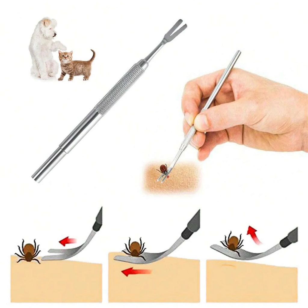 1pc-Stainless steel tick fork removal tool - effective pet flea and tick removal tweezers for dog care and cleaning