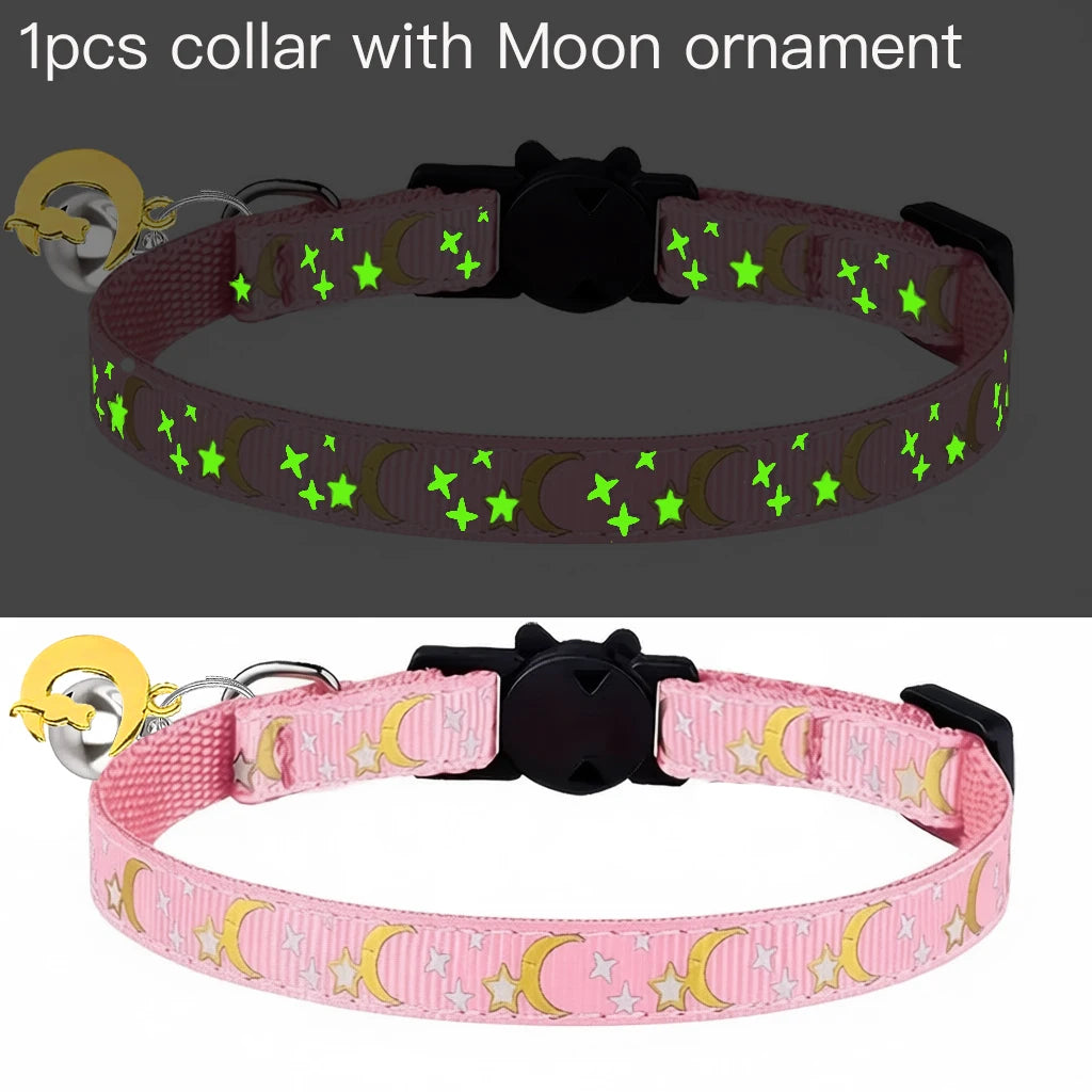 Pet Collar Cat Dog Gold Color Stars and Moon Pet Collar with Bell and PP Material Separate Luminescence Safety Buckle Solid Safe