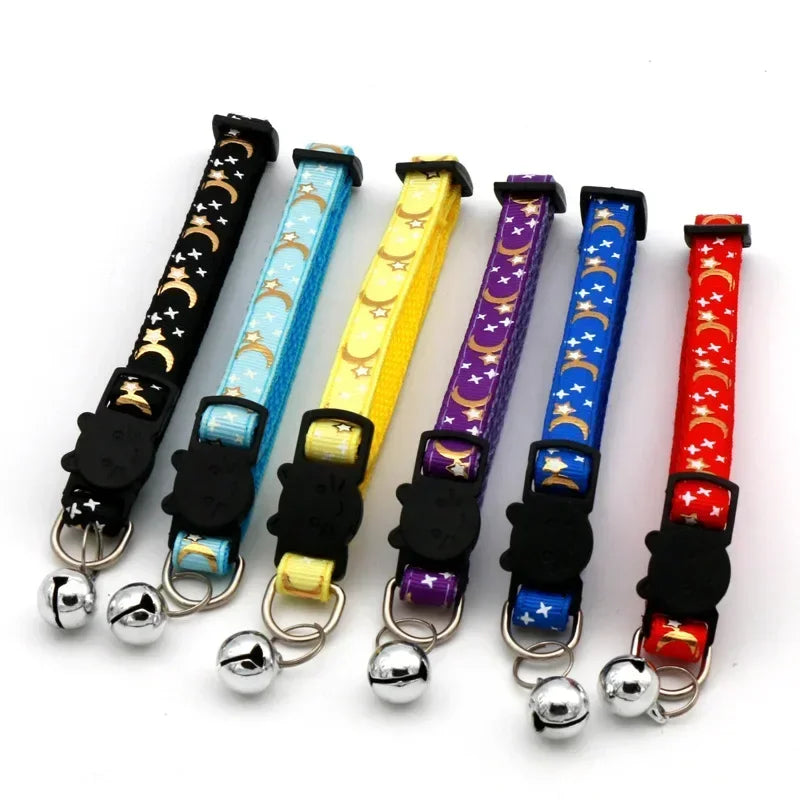 Pet Collar Cat Dog Gold Color Stars and Moon Pet Collar with Bell and PP Material Separate Luminescence Safety Buckle Solid Safe