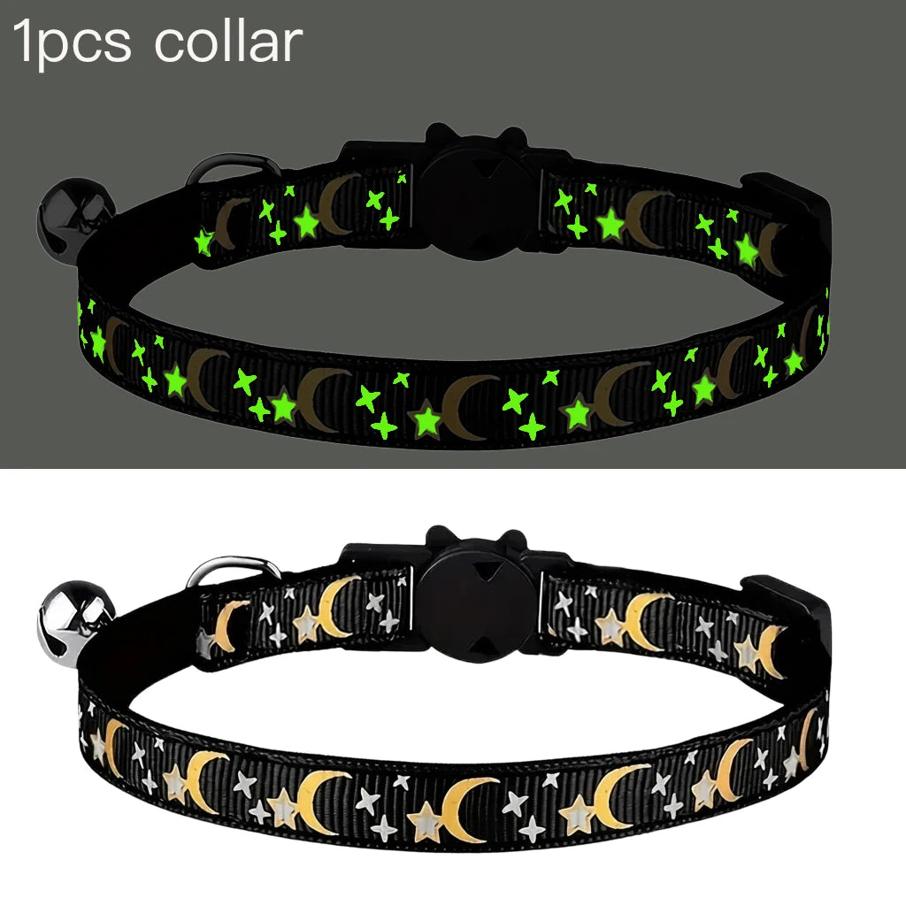Pet Collar Cat Dog Gold Color Stars and Moon Pet Collar with Bell and PP Material Separate Luminescence Safety Buckle Solid Safe