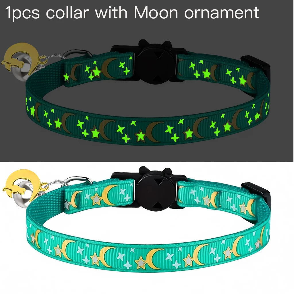Pet Collar Cat Dog Gold Color Stars and Moon Pet Collar with Bell and PP Material Separate Luminescence Safety Buckle Solid Safe
