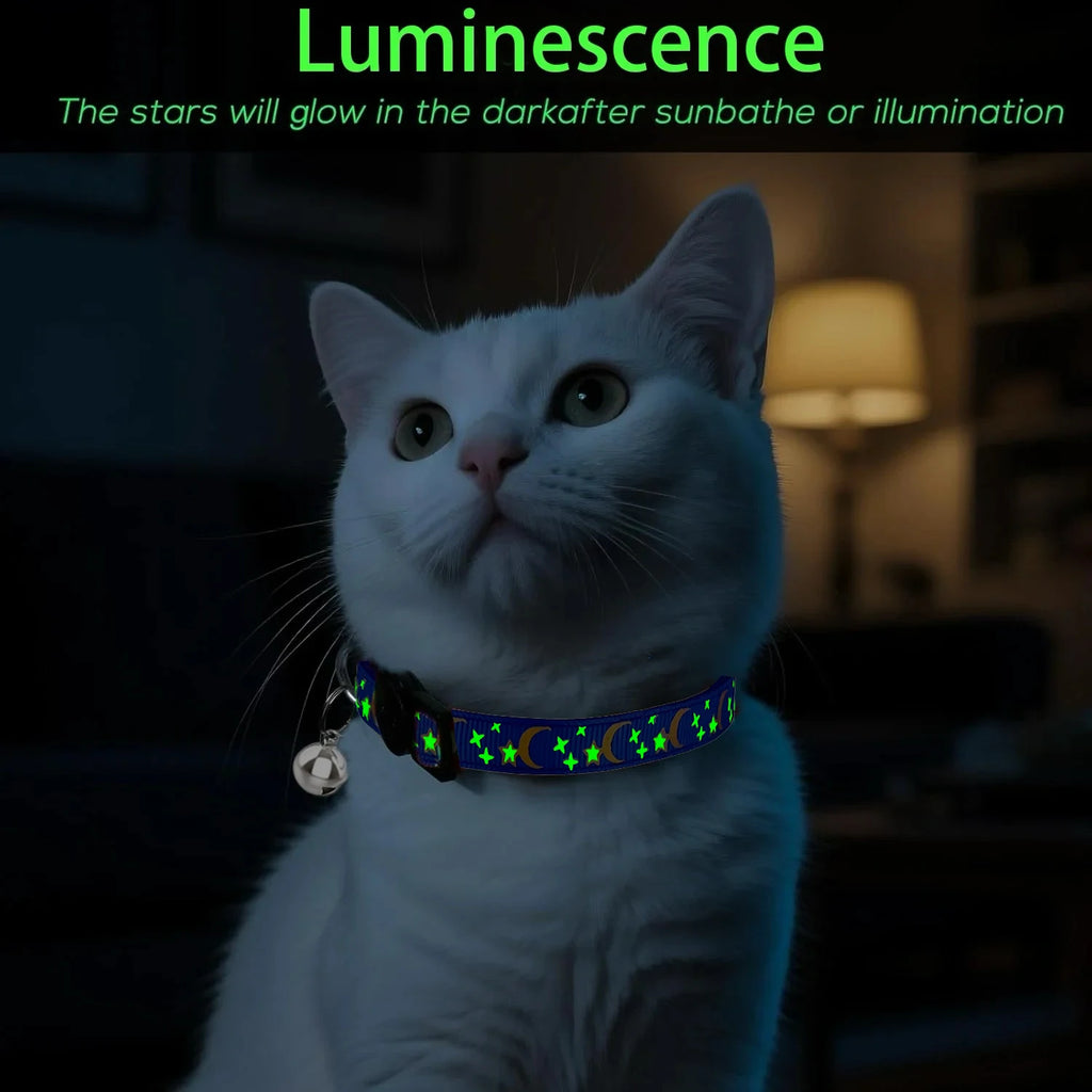 Pet Collar Cat Dog Gold Color Stars and Moon Pet Collar with Bell and PP Material Separate Luminescence Safety Buckle Solid Safe