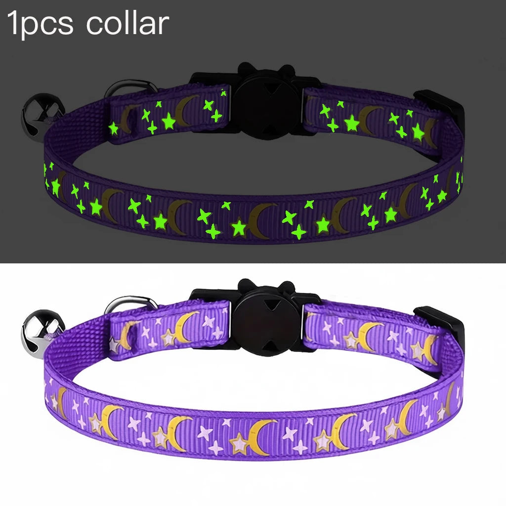 Pet Collar Cat Dog Gold Color Stars and Moon Pet Collar with Bell and PP Material Separate Luminescence Safety Buckle Solid Safe