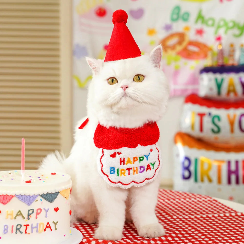 2025 Pet Birthday Hat Scarf Set Adjustable, Cat/Dog Birthday Supplies Mini Pet Saliva Towel Cat/Dog Supplies