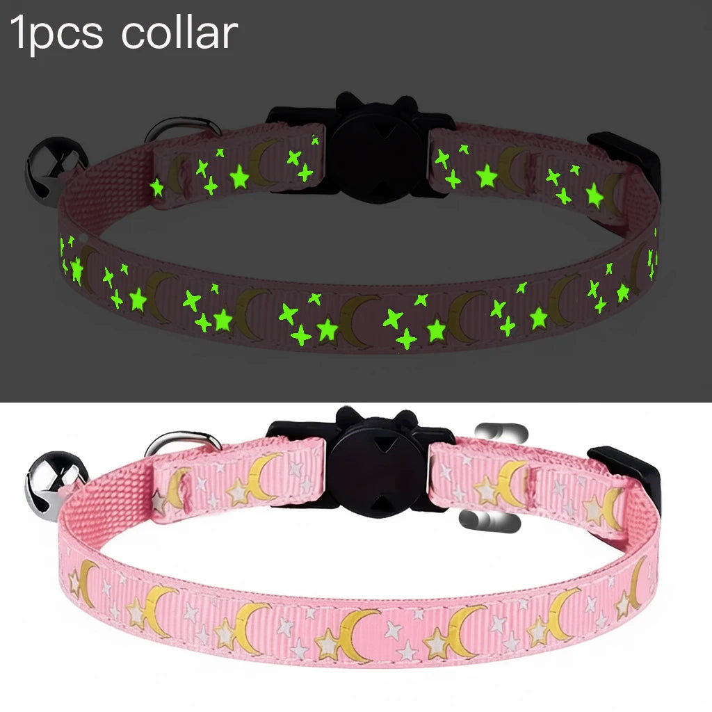 Pet Collar Cat Dog Gold Color Stars and Moon Pet Collar with Bell and PP Material Separate Luminescence Safety Buckle Solid Safe