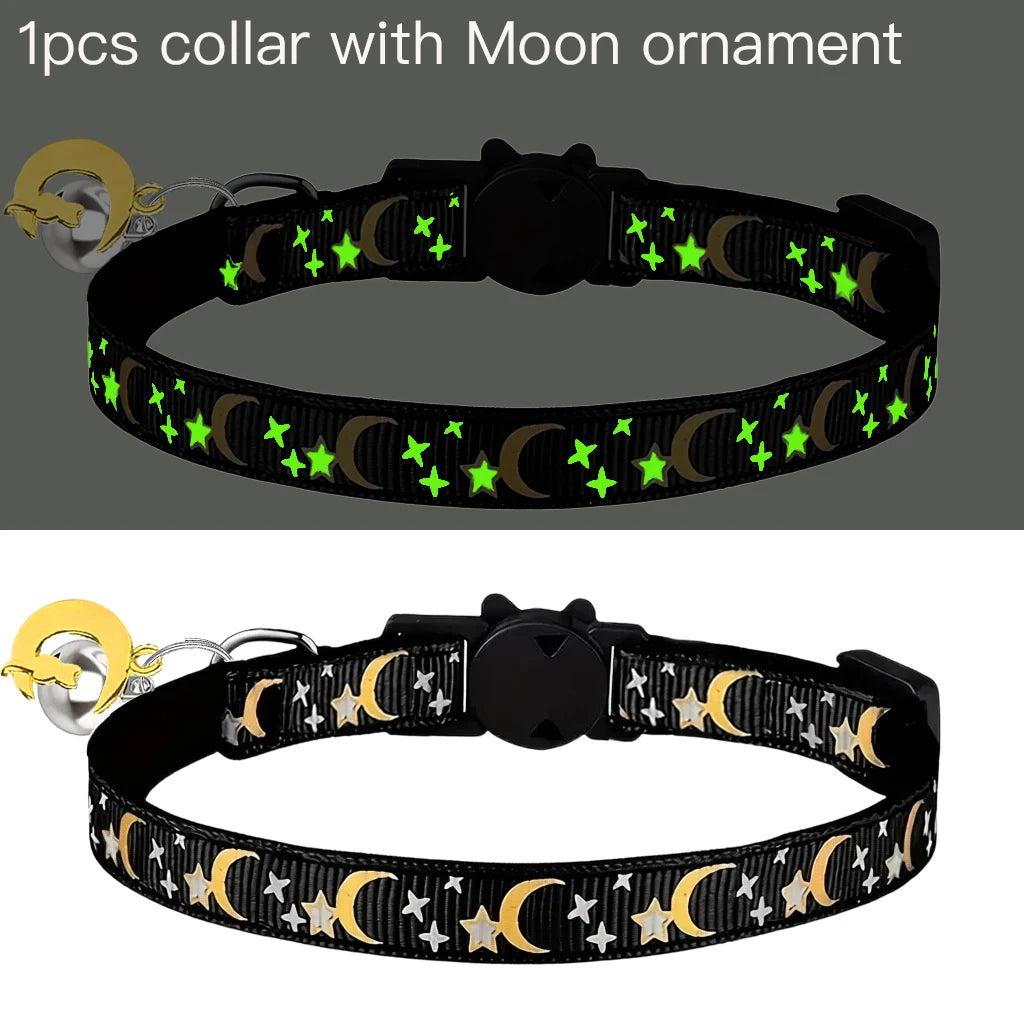 Pet Collar Cat Dog Gold Color Stars and Moon Pet Collar with Bell and PP Material Separate Luminescence Safety Buckle Solid Safe