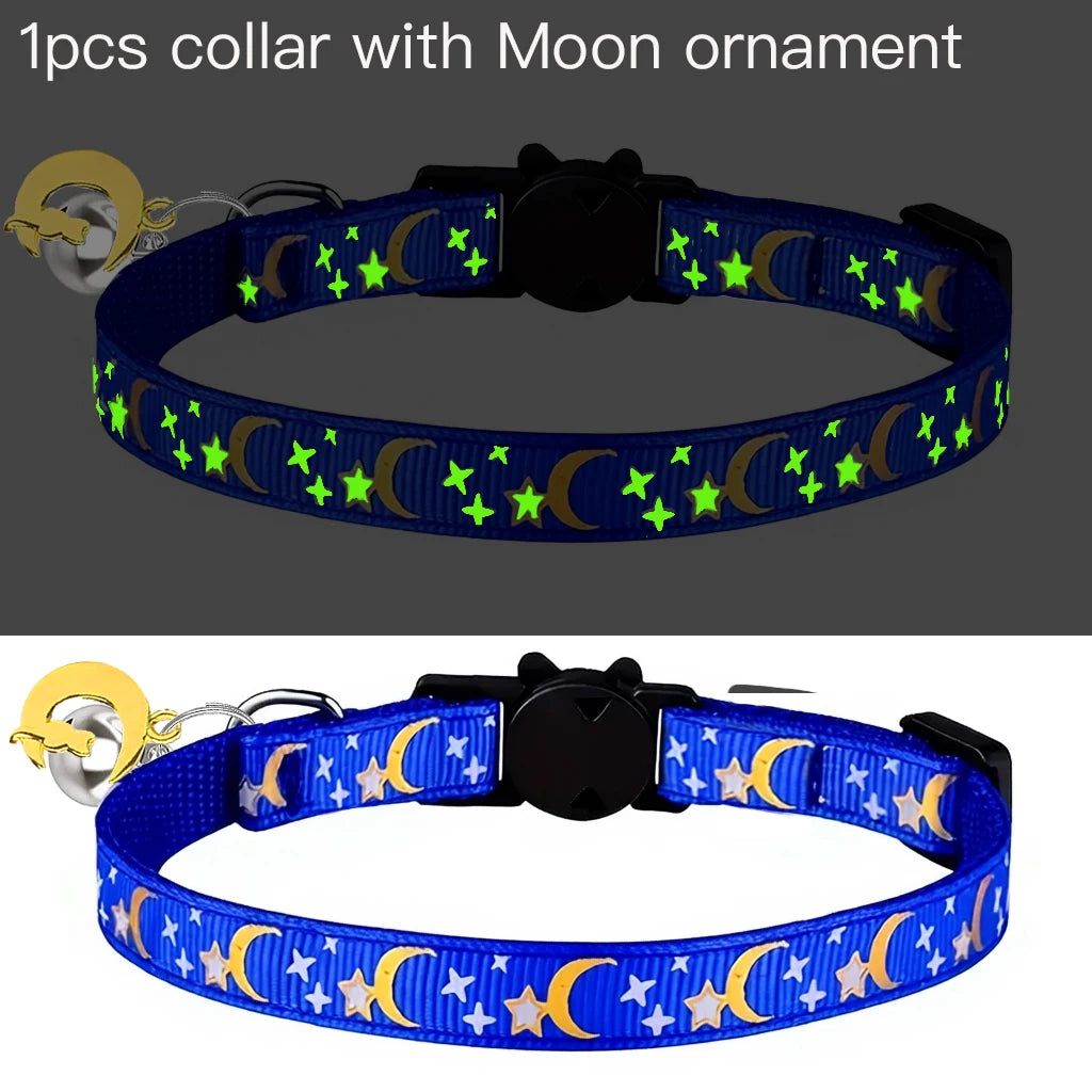Pet Collar Cat Dog Gold Color Stars and Moon Pet Collar with Bell and PP Material Separate Luminescence Safety Buckle Solid Safe