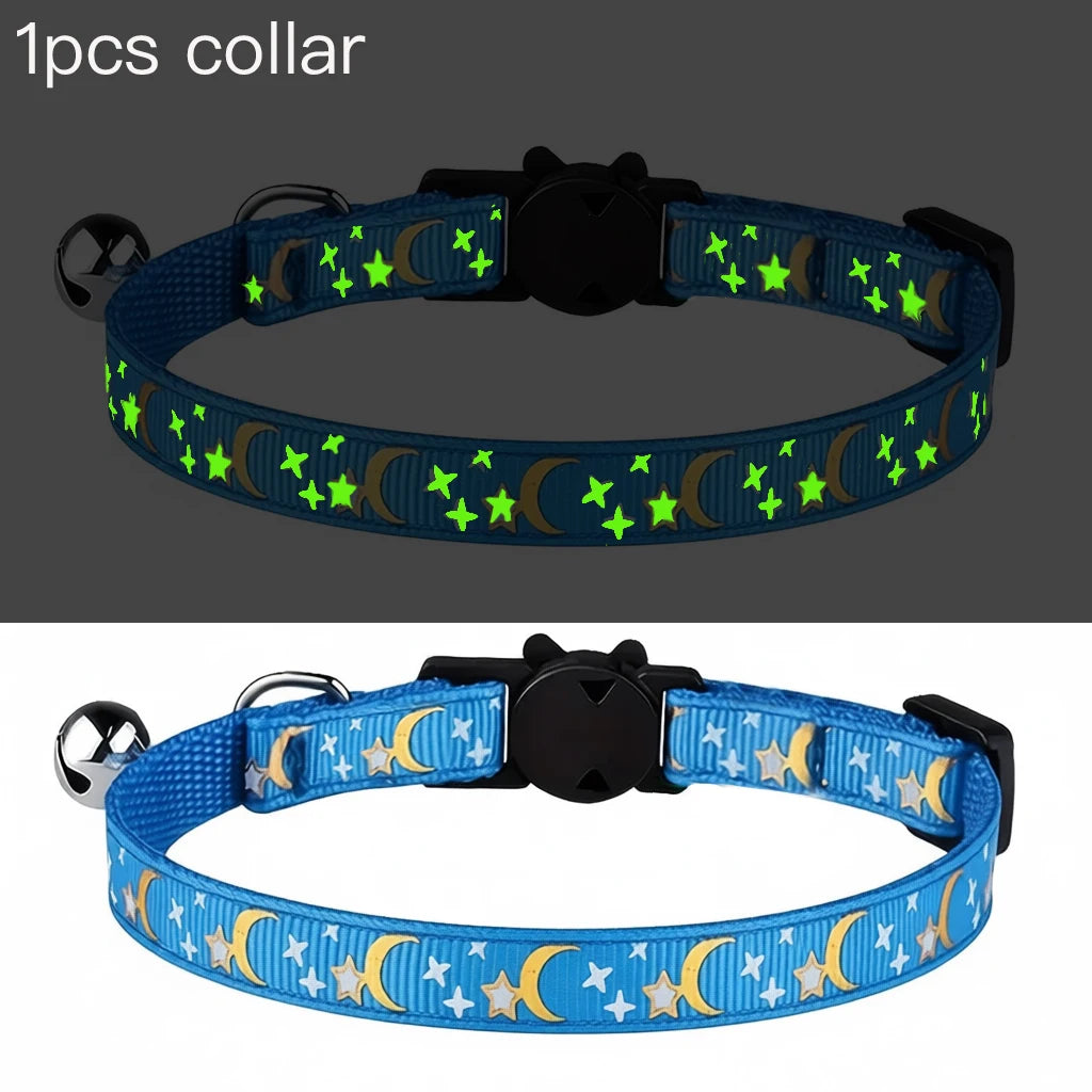 Pet Collar Cat Dog Gold Color Stars and Moon Pet Collar with Bell and PP Material Separate Luminescence Safety Buckle Solid Safe