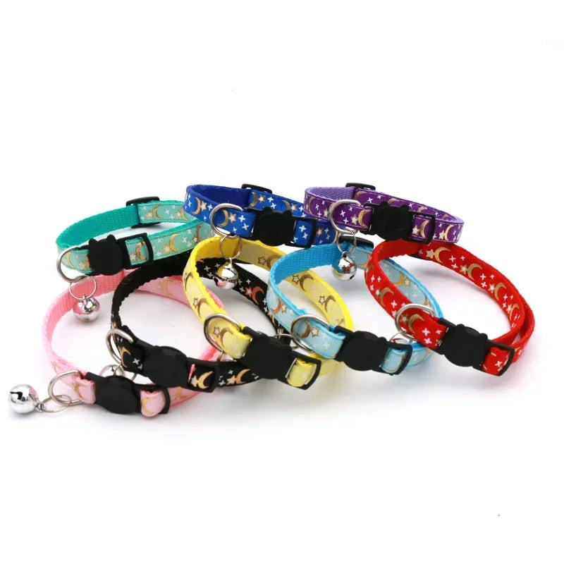 Pet Collar Cat Dog Gold Color Stars and Moon Pet Collar with Bell and PP Material Separate Luminescence Safety Buckle Solid Safe