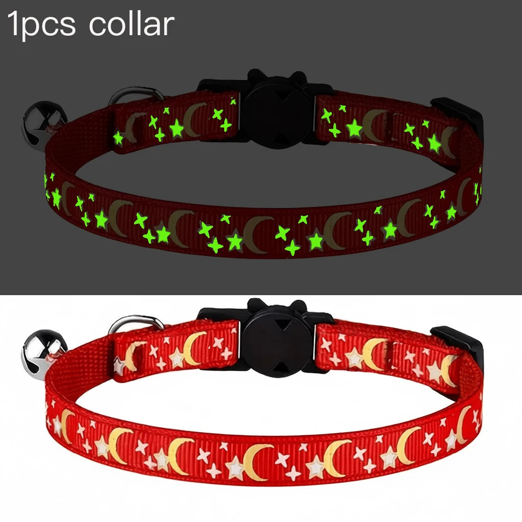 Pet Collar Cat Dog Gold Color Stars and Moon Pet Collar with Bell and PP Material Separate Luminescence Safety Buckle Solid Safe