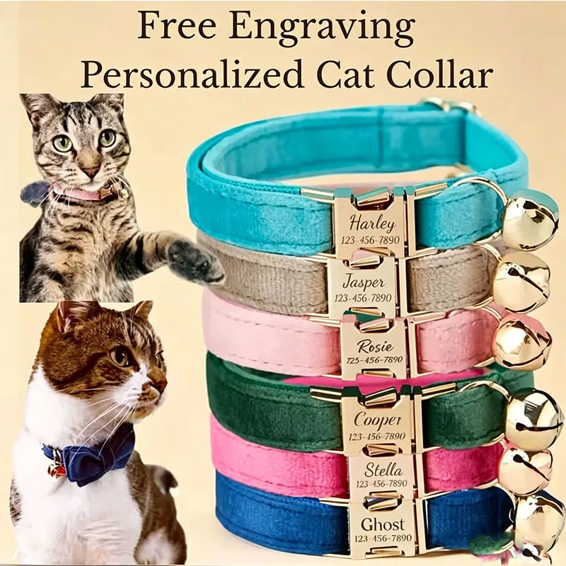 Custom Name Tag Velvet Cat Personalized Engraved Pet Name For Cats Cat Supplies Cat Belt With Bell Pets